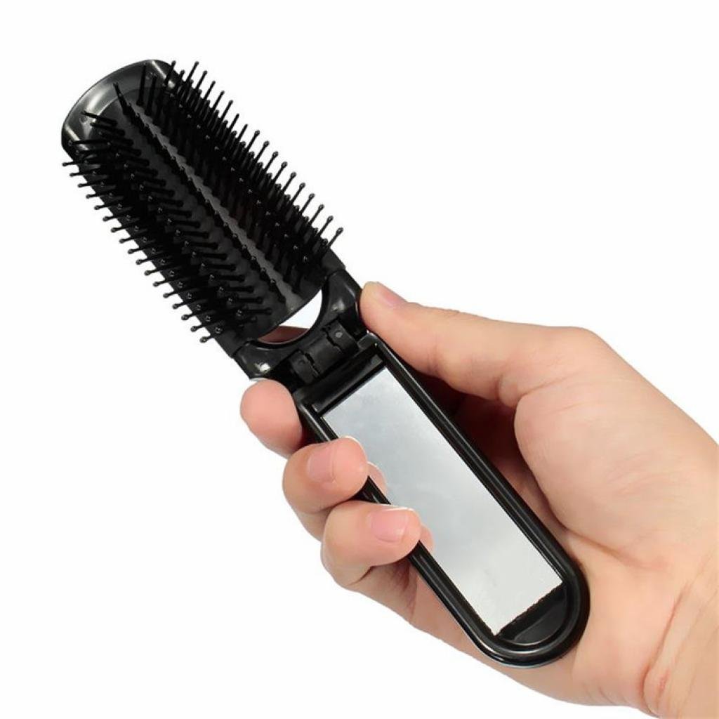 Portable Folding Hair Brush With Mirror Compact Travel Comb - Image 3
