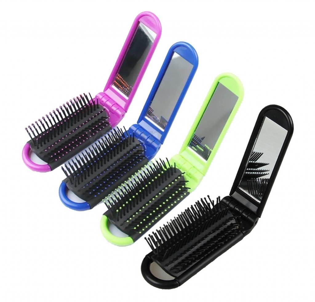 Portable Folding Hair Brush With Mirror Compact Travel Comb - Image 4