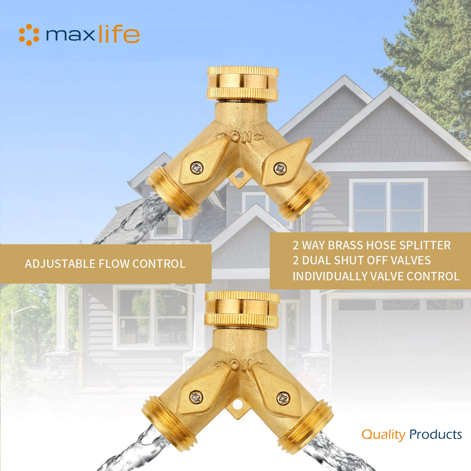 Max Life - Garden Hose Splitter Heavy-Duty Solid Brass Y Valve Female 2 Way 3/4" Tap Hose Connectors Water Distributor Switch - Image 2