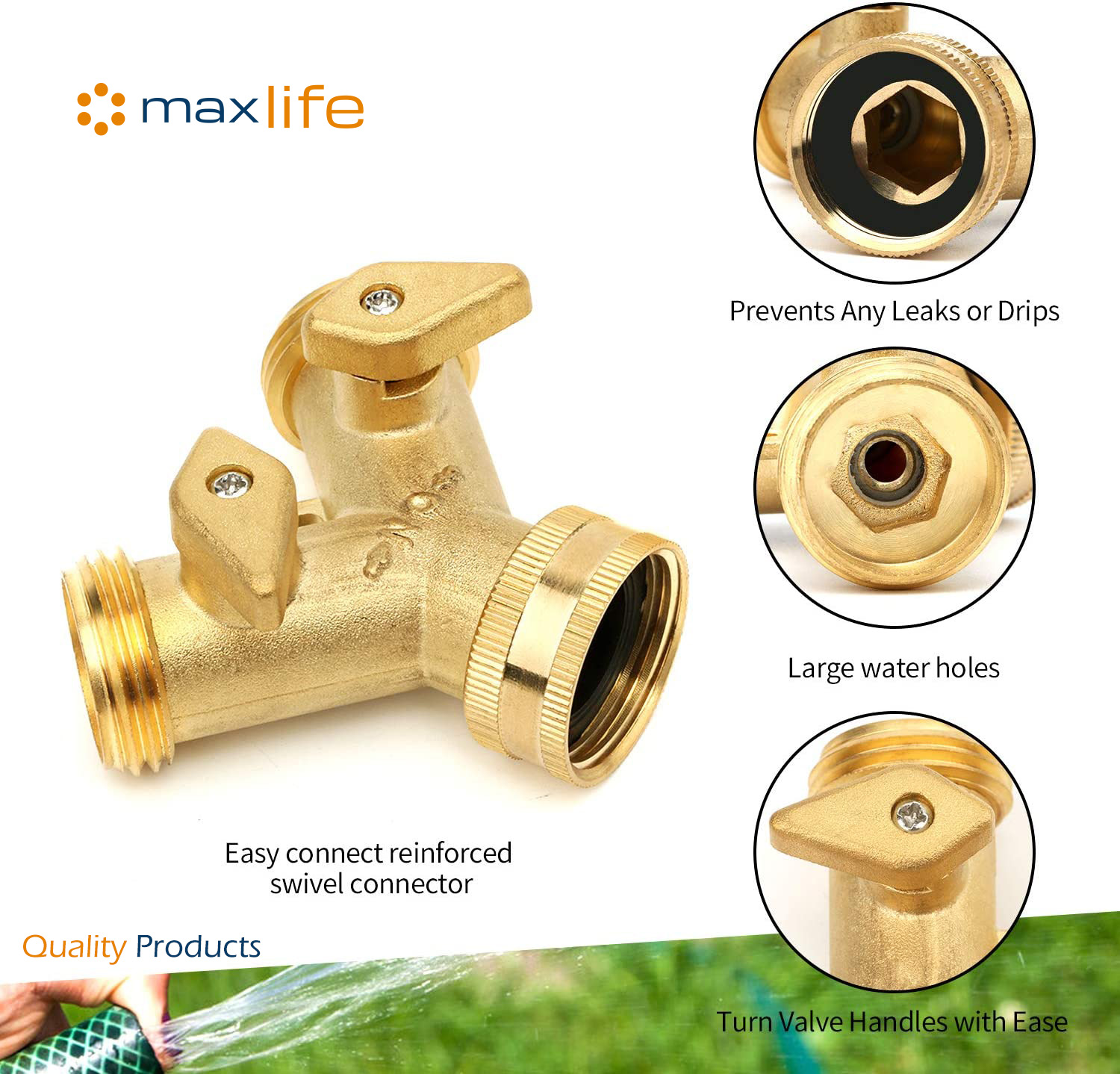 Max Life - Garden Hose Splitter Heavy-Duty Solid Brass Y Valve Female 2 Way 3/4" Tap Hose Connectors Water Distributor Switch - Image 3