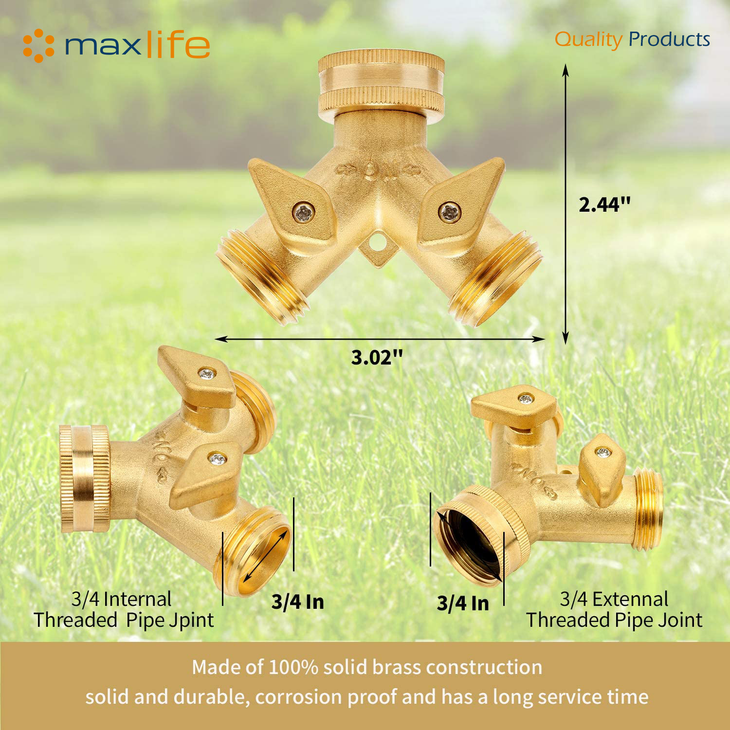 Max Life - Garden Hose Splitter Heavy-Duty Solid Brass Y Valve Female 2 Way 3/4" Tap Hose Connectors Water Distributor Switch - Image 5