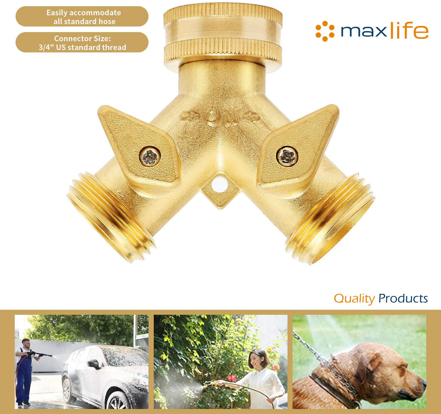 Max Life - Garden Hose Splitter Heavy-Duty Solid Brass Y Valve Female 2 Way 3/4" Tap Hose Connectors Water Distributor Switch - Image 6
