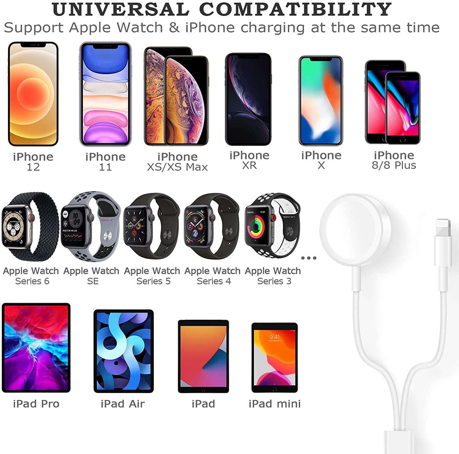 Smart Watch Charger USB Cable For Apple Watch All Series 7/6/5/4/3/2/1 and for All iPhone, iPad - 2 in1 Smart Charging Cable - Image 3