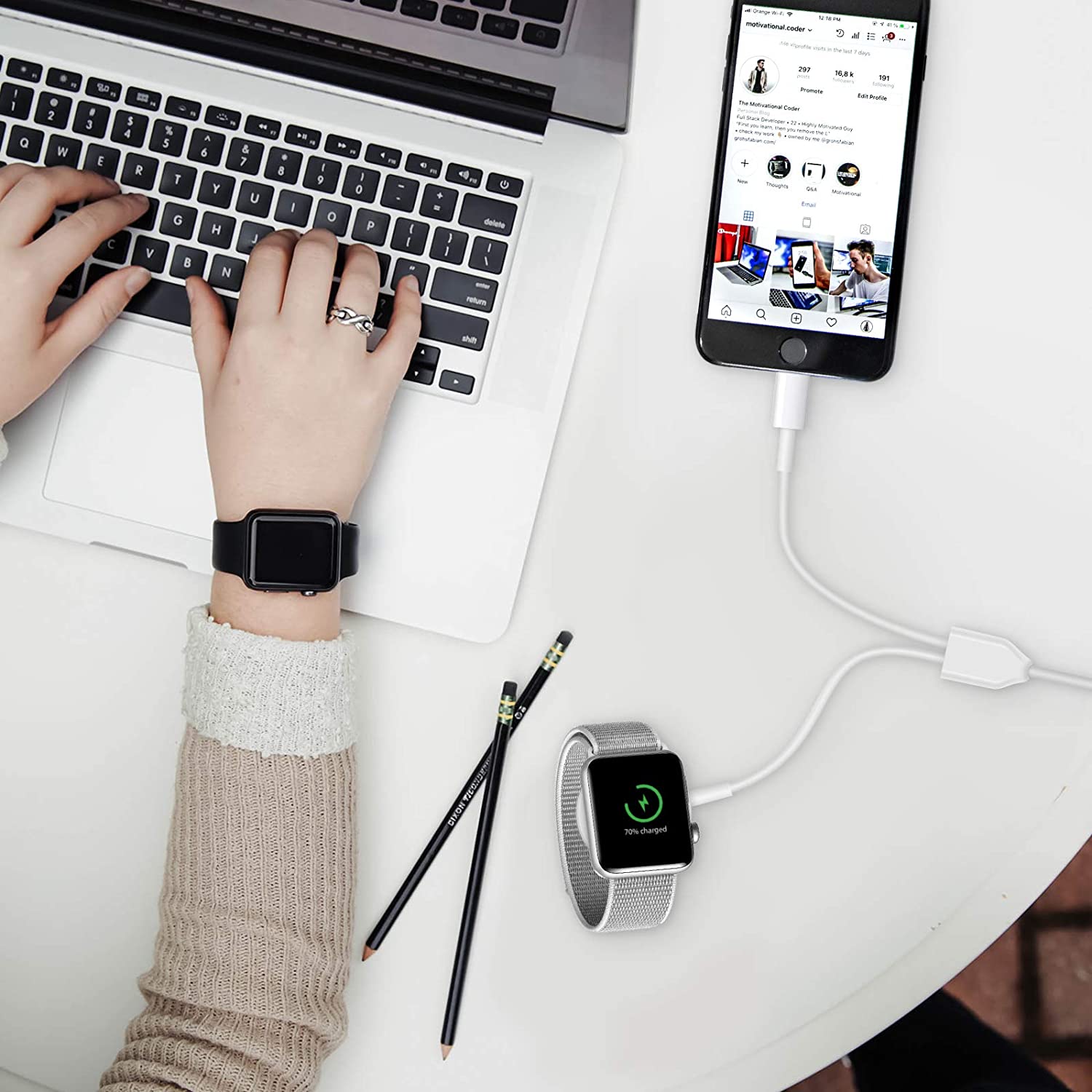 Smart Watch Charger USB Cable For Apple Watch All Series 7/6/5/4/3/2/1 and for All iPhone, iPad - 2 in1 Smart Charging Cable - Image 4
