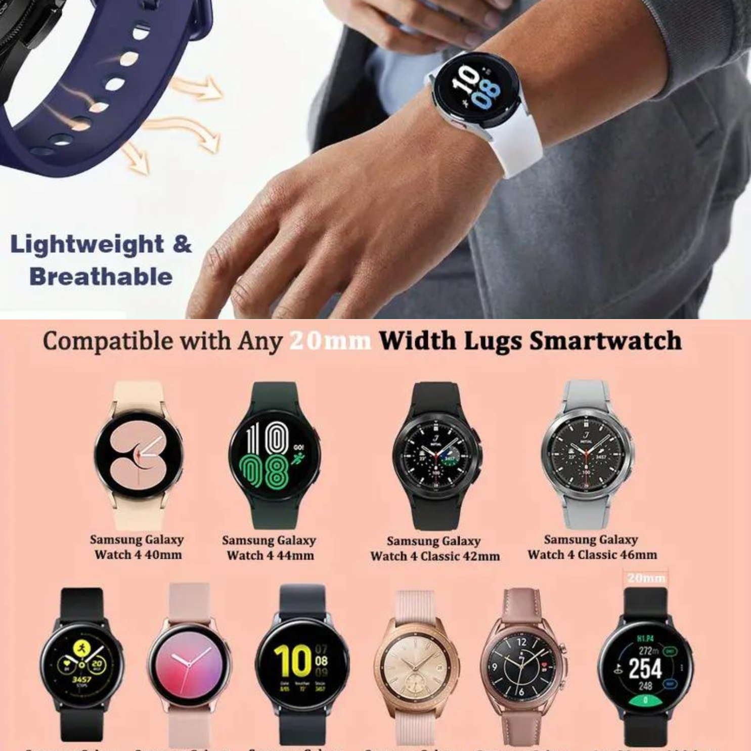 20mm Sport Silicone Band for Samsung Galaxy Watch 4 (40mm/44mm), Active 2, Galaxy Watch 5 Pro (45mm), and Galaxy Watch 5 - Image 3